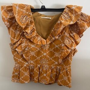 Free the Roses Mustard Embroidered Ruffle Blouse
